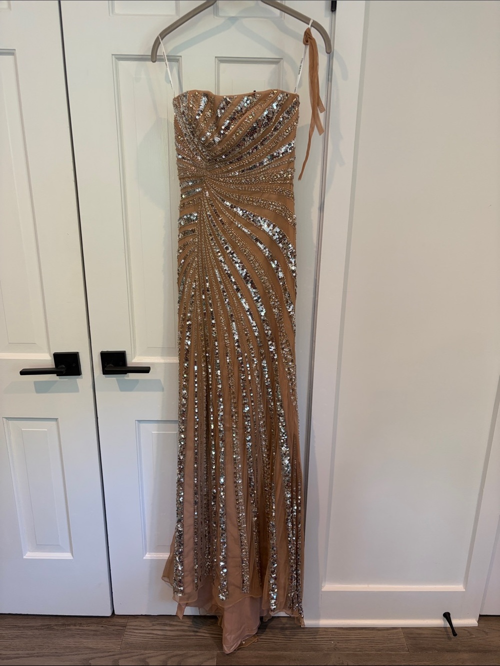 Sherri Hill Strapless Sequin Evening Gown in Tan with Silver Accents